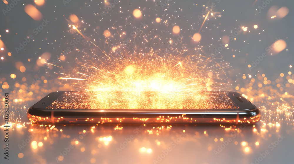 3D Icon of Smartphone with Holographic Fireworks and Diwali Wishes Text ...