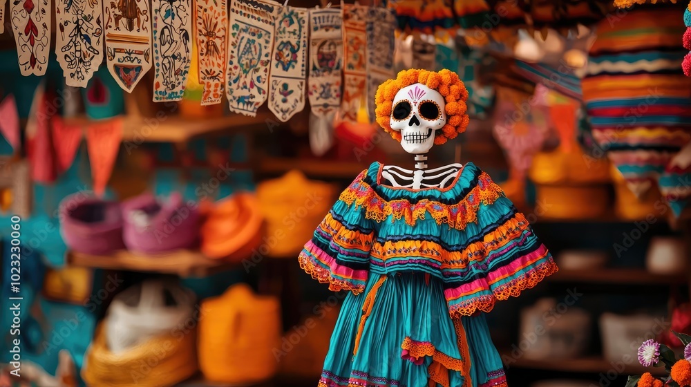 Fototapeta premium Colorful skeleton doll adorned in traditional attire, surrounded by vibrant crafts and decorations in a lively market setting.