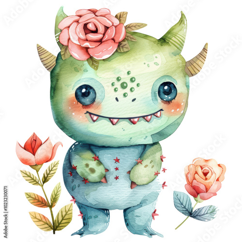 a cute monsters roseflowers clipart , watercolor style, isolated on white background photo