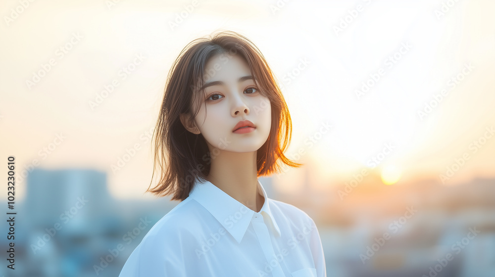 young woman with shoulder length hair stands against sunset backdrop, wearing white shirt. warm light creates serene and contemplative atmosphere, highlighting her features beautifully. young woman with shoulder length hair stands against sunset backdrop, wearing white shirt. warm light creates serene and contemplative atmosphere, highlighting her features beautifully.