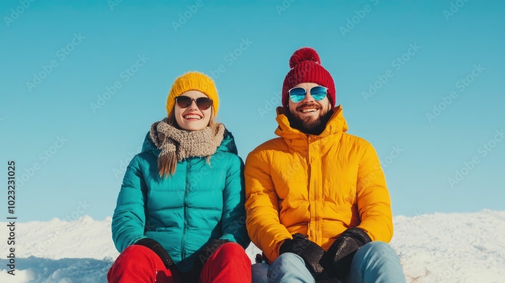 Couple Resting and Laughing Together on Snowy Hill After an Exciting Sledding Adventure in the Wintertime They Pause to Catch Their Breath and Enjoy the Peaceful Scenic Landscape Couple Resting and Laughing Together on Snowy Hill After an Exciting Sledding Adventure in the Wintertime They Pause to Catch Their Breath and Enjoy the Peaceful Scenic Landscape