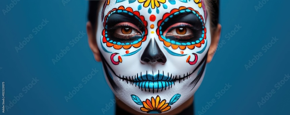 A striking close-up of a woman with colorful sugar skull makeup, celebrating culture and tradition in a vibrant blue background. A striking close-up of a woman with colorful sugar skull makeup, celebrating culture and tradition in a vibrant blue background.