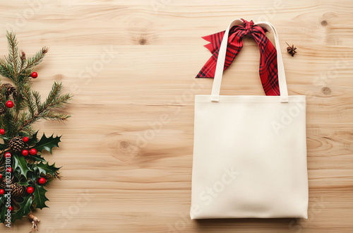 cotton canvas tote bag mockup with no wrinkles and natural texture, on an isolated white wood background, decorated for Christmas