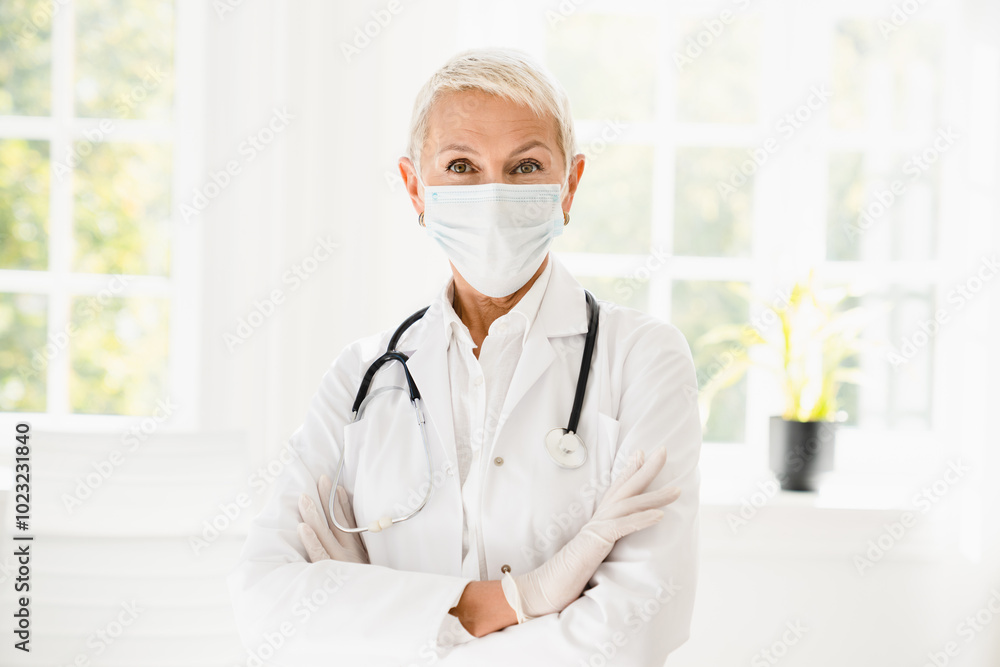 Portrait of confident successful caucasian senior female doctor in protective face mask and medical gloves with arms crossed looking at camera. Coronavirus concept Portrait of confident successful caucasian senior female doctor in protective face mask and medical gloves with arms crossed looking at camera. Coronavirus concept