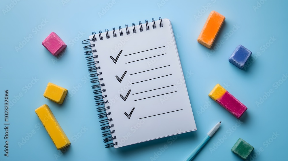 Minimalist to-do list on a spiral notebook against a light blue and white background, featuring checkmarks and colorful chalk, embodying organized simplicity and productivity in a flat lay composition Minimalist to-do list on a spiral notebook against a light blue and white background, featuring checkmarks and colorful chalk, embodying organized simplicity and productivity in a flat lay composition