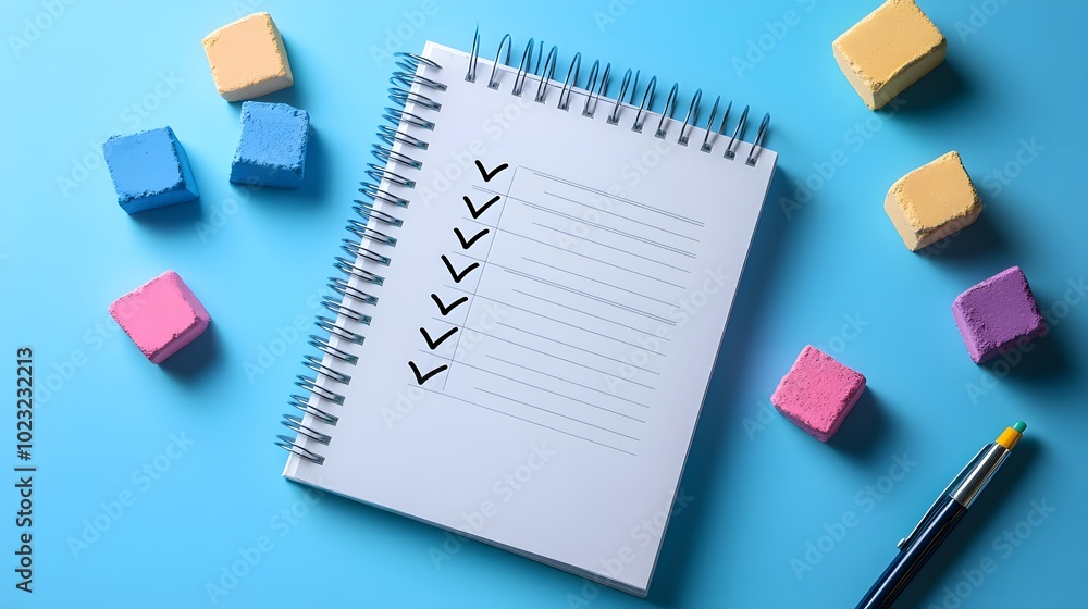 Minimalist to-do list on a spiral notebook against a light blue and white background, featuring checkmarks and colorful chalk, embodying organized simplicity and productivity in a flat lay composition Minimalist to-do list on a spiral notebook against a light blue and white background, featuring checkmarks and colorful chalk, embodying organized simplicity and productivity in a flat lay composition