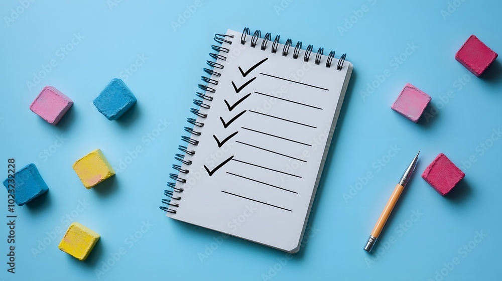 Minimalist to-do list on a spiral notebook against a light blue and white background, featuring checkmarks and colorful chalk, embodying organized simplicity and productivity in a flat lay composition Minimalist to-do list on a spiral notebook against a light blue and white background, featuring checkmarks and colorful chalk, embodying organized simplicity and productivity in a flat lay composition