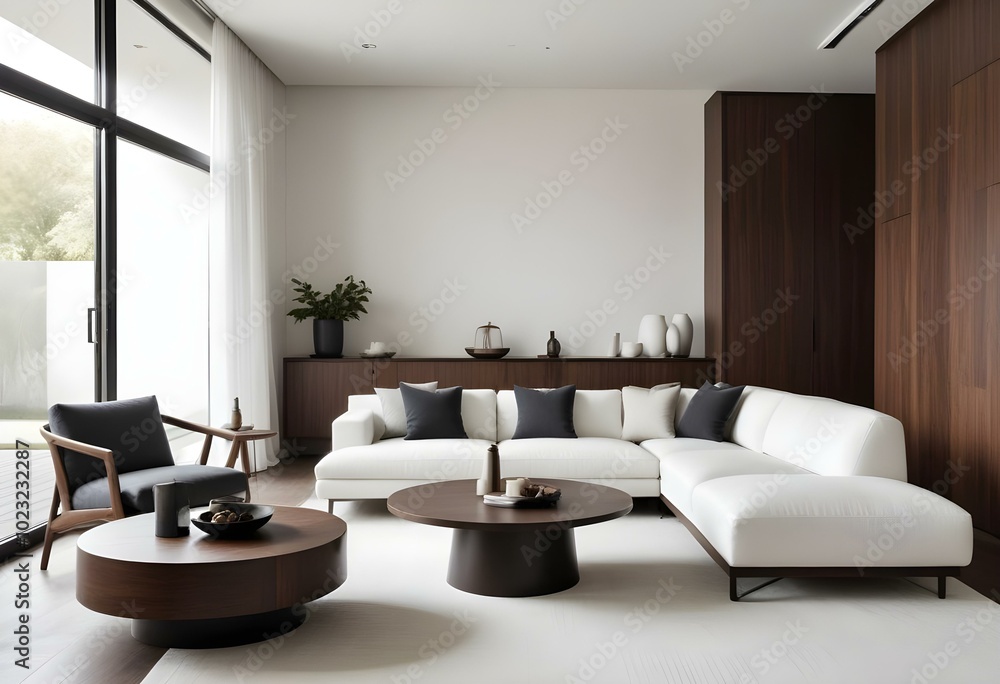 A modern and minimalist living room with a large white sofa, a round wooden coffee table, and a dark wooden cabinet in the background. A modern and minimalist living room with a large white sofa, a round wooden coffee table, and a dark wooden cabinet in the background.