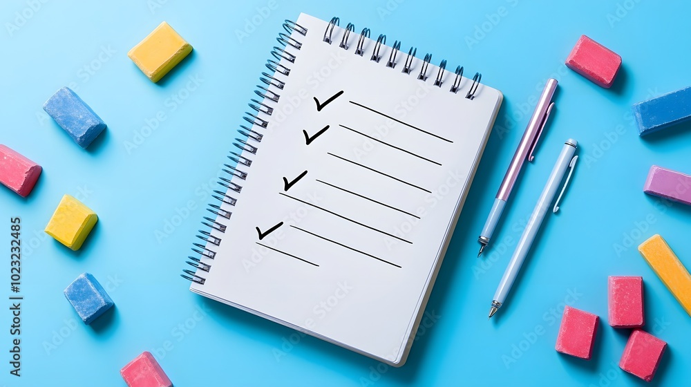 Minimalist to-do list on a spiral notebook against a light blue and white background, featuring checkmarks and colorful chalk, embodying organized simplicity and productivity in a flat lay composition Minimalist to-do list on a spiral notebook against a light blue and white background, featuring checkmarks and colorful chalk, embodying organized simplicity and productivity in a flat lay composition