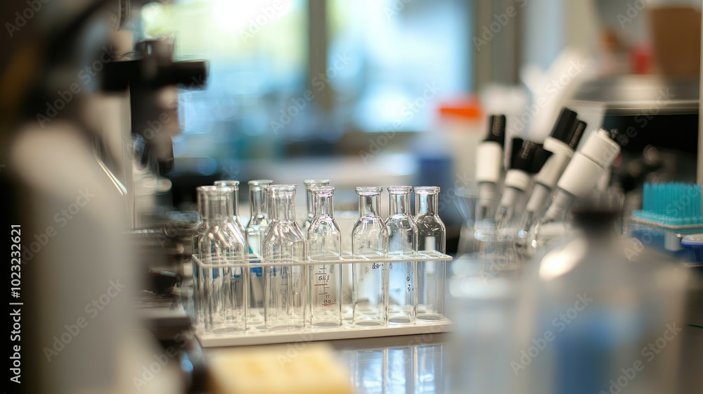 A clean laboratory space featuring scientific glass bottles, measuring cylinders, and droppers on a well-organized workbench, surrounded by high-tech scientific equipment. A clean laboratory space featuring scientific glass bottles, measuring cylinders, and droppers on a well-organized workbench, surrounded by high-tech scientific equipment.