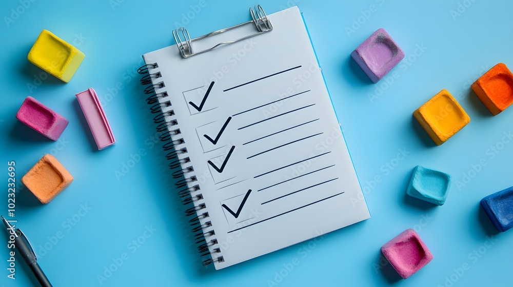 Minimalist to-do list on a spiral notebook against a light blue and white background, featuring checkmarks and colorful chalk, embodying organized simplicity and productivity in a flat lay composition Minimalist to-do list on a spiral notebook against a light blue and white background, featuring checkmarks and colorful chalk, embodying organized simplicity and productivity in a flat lay composition