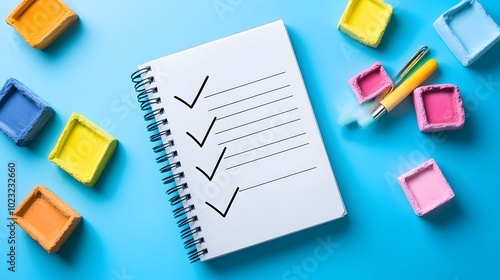 Minimalist to-do list on a spiral notebook against a light blue and white background, featuring checkmarks and colorful chalk, embodying organized simplicity and productivity in a flat lay composition