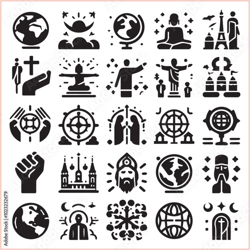 Religious symbols Set of miscellaneous religious Vector illustration icons on white background