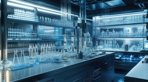 A high-tech laboratory filled with modern glassware, including scientific glass bottles, droppers, and measuring cylinders, arranged for chemical research.