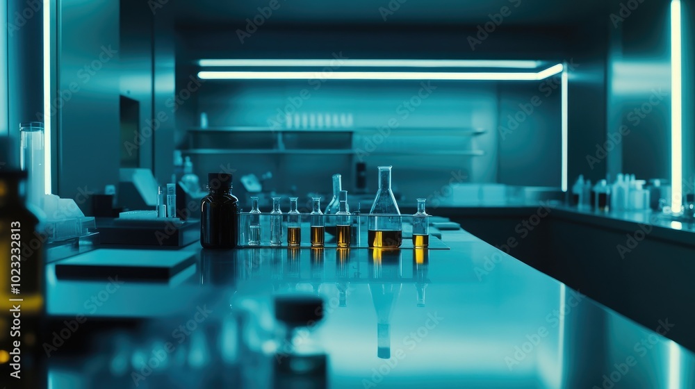 A modern lab room with precise measuring cylinders, glass bottles, and droppers spread out on sleek counters, reflecting a high-tech research environment. A modern lab room with precise measuring cylinders, glass bottles, and droppers spread out on sleek counters, reflecting a high-tech research environment.