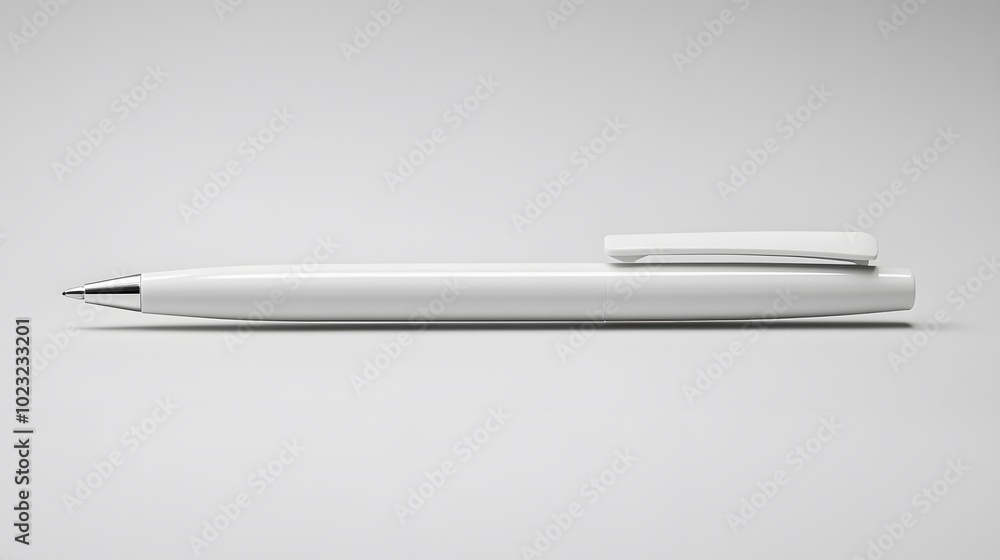 Minimalist white pen with a sleek design, positioned left-aligned on a light gray background, emphasizes clean aesthetics and high contrast in modern stationery product photography. Minimalist white pen with a sleek design, positioned left-aligned on a light gray background, emphasizes clean aesthetics and high contrast in modern stationery product photography.