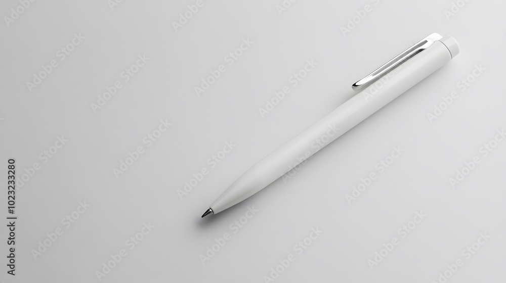 Minimalist white pen with a sleek design, positioned left-aligned on a light gray background, emphasizes clean aesthetics and high contrast in modern stationery product photography. Minimalist white pen with a sleek design, positioned left-aligned on a light gray background, emphasizes clean aesthetics and high contrast in modern stationery product photography.