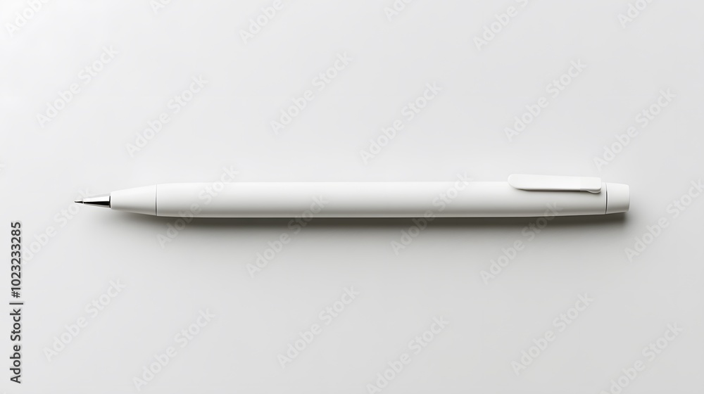 Minimalist white pen with a sleek design, positioned left-aligned on a light gray background, emphasizes clean aesthetics and high contrast in modern stationery product photography. Minimalist white pen with a sleek design, positioned left-aligned on a light gray background, emphasizes clean aesthetics and high contrast in modern stationery product photography.