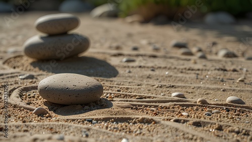 Peaceful Zen Garden with Raked Sand and Stones: A Minimalist Design for Calm and Balance photo