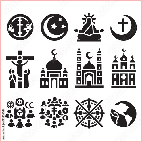 Religious symbols Set of miscellaneous religious Vector illustration icons on white background