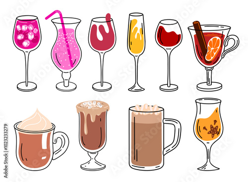 Set of linear drinks. Alcoholic and nonalcoholic drinks isolated on white background. Hot drinks