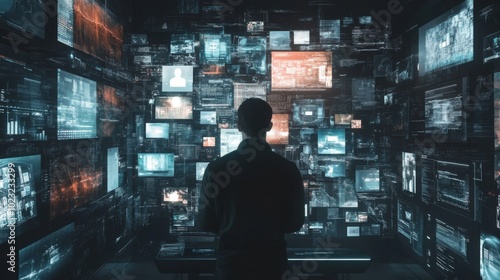 Back view of a man engaging with multiple interactive panels showing diverse social media platforms, analyzing the fast-paced, interconnected world of metaverse data.