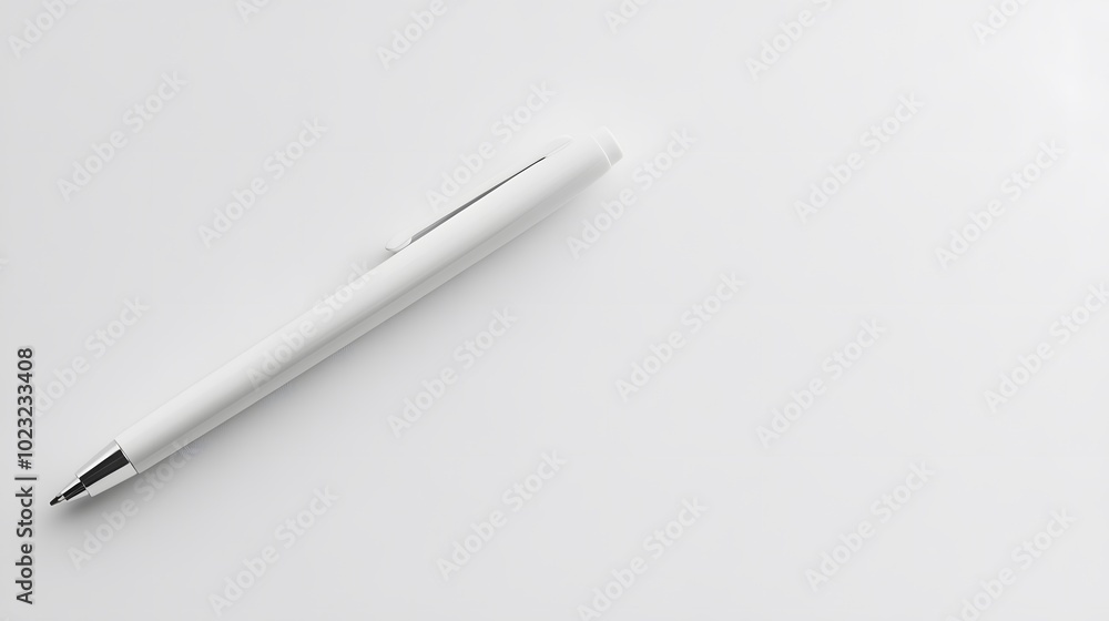 Minimalist white pen with a sleek design, positioned left-aligned on a light gray background, emphasizes clean aesthetics and high contrast in modern stationery product photography. Minimalist white pen with a sleek design, positioned left-aligned on a light gray background, emphasizes clean aesthetics and high contrast in modern stationery product photography.