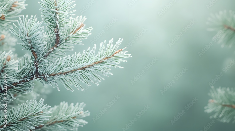 Pine branches with frosty needles set against a light green background evoke a winter theme, capturing close-up details and textures to create a festive, natural atmosphere in studio photography. Pine branches with frosty needles set against a light green background evoke a winter theme, capturing close-up details and textures to create a festive, natural atmosphere in studio photography.