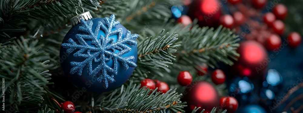 Close-up of a blue Christmas tree decoration with a snowflake pattern on a ball hanging from an ornate evergreen branch Close-up of a blue Christmas tree decoration with a snowflake pattern on a ball hanging from an ornate evergreen branch