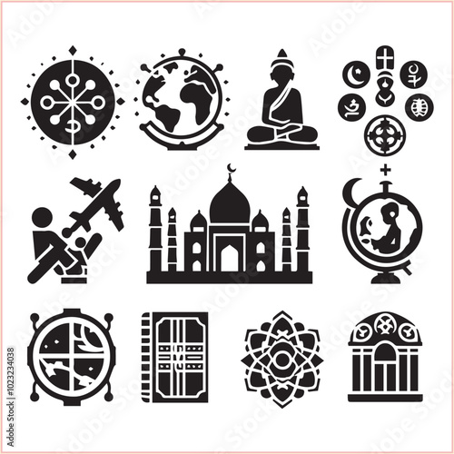 Religious symbols Set of miscellaneous religious Vector illustration icons on white background