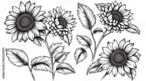 A set of sunflowers and leaves arranged in a tattoo design, with bold lines and detailed black and white engraving in scratchboard imitation.