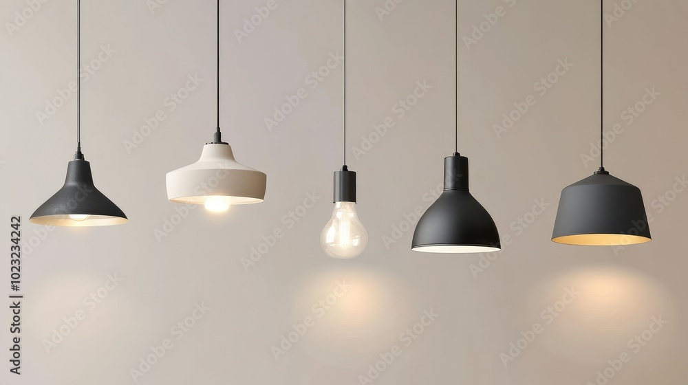 Front view of several minimalist hanging lamps with smooth, clean designs, isolated on transparent background for home decor usage. Front view of several minimalist hanging lamps with smooth, clean designs, isolated on transparent background for home decor usage.