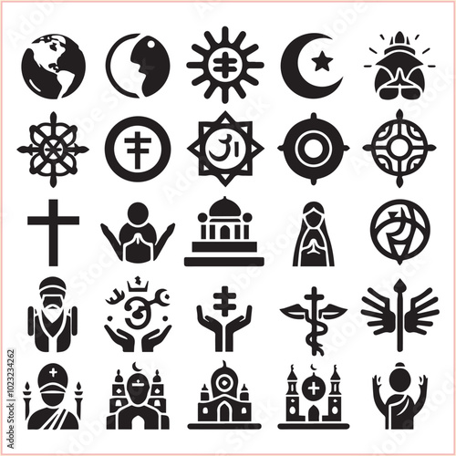 Religious symbols Set of miscellaneous religious Vector illustration icons on white background