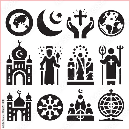 Religious symbols Set of miscellaneous religious Vector illustration icons on white background