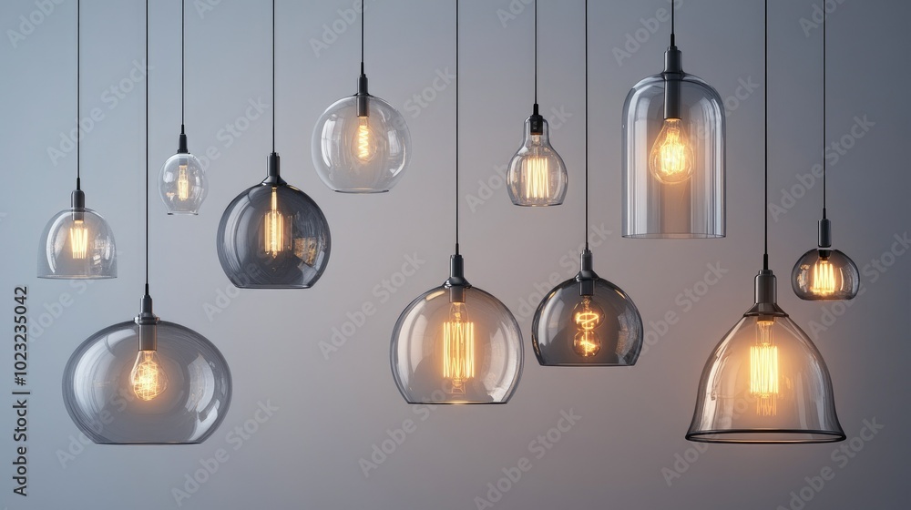 Various minimalist hanging lamps with sleek, industrial designs, floating on a transparent background. Perfect for home decor projects. Various minimalist hanging lamps with sleek, industrial designs, floating on a transparent background. Perfect for home decor projects.