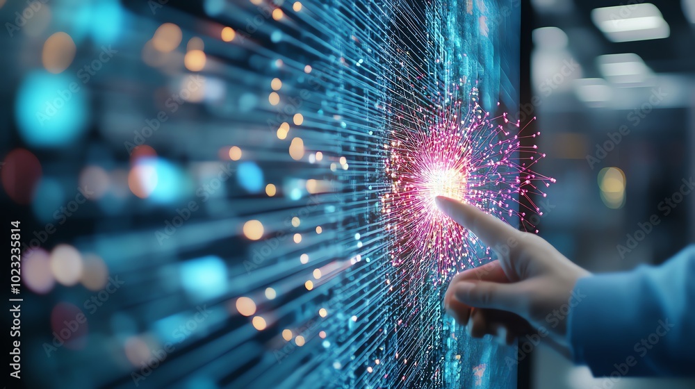 A hand interacts with a digital interface, illuminating vibrant data streams representing modern technology and innovation concepts. A hand interacts with a digital interface, illuminating vibrant data streams representing modern technology and innovation concepts.