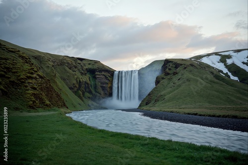 Majestic Waterfall Amidst Rolling Green Hills Under Soft Sunset in Iceland photo