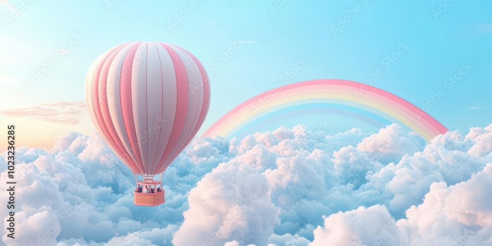 Fototapeta premium Pink hot air balloon flying over clouds and rainbow.