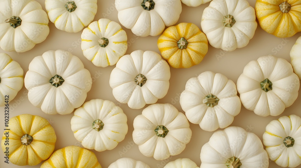 Overhead view of various sizes of white and yellow pumpkins in an autumn harvest arrangement, showcasing natural textures on a beige background for a minimalist food photography composition. Overhead view of various sizes of white and yellow pumpkins in an autumn harvest arrangement, showcasing natural textures on a beige background for a minimalist food photography composition.