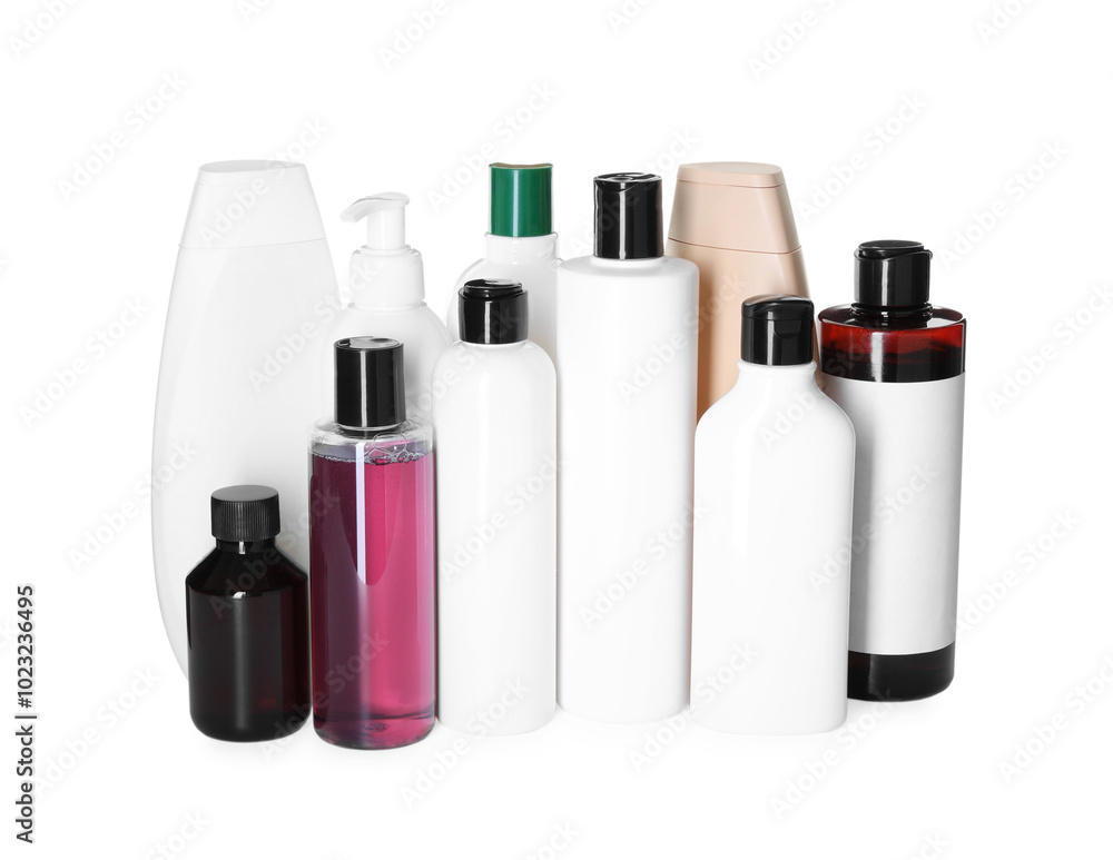 Bottles of shampoo isolated on white. Personal care product Bottles of shampoo isolated on white. Personal care product