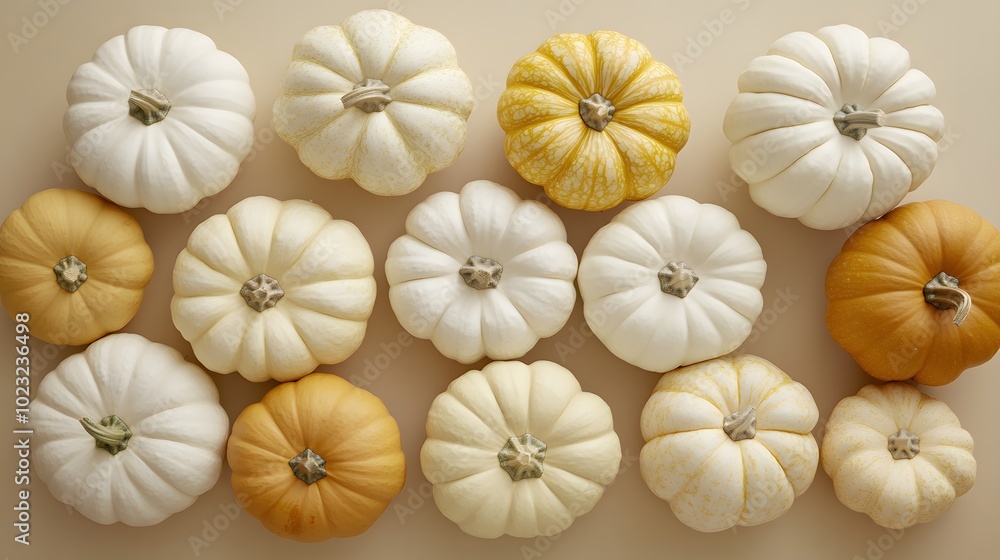 Overhead view of various sizes of white and yellow pumpkins in an autumn harvest arrangement, showcasing natural textures on a beige background for a minimalist food photography composition. Overhead view of various sizes of white and yellow pumpkins in an autumn harvest arrangement, showcasing natural textures on a beige background for a minimalist food photography composition.