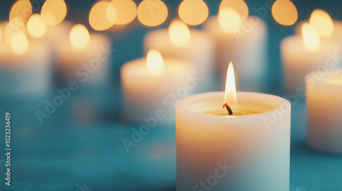 A soft glow of candle flames creating a warm and serene atmosphere, perfect for relaxation and meditation, with blurred lights in the background enhancing the peaceful vibe.