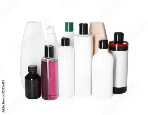 Bottles of shampoo isolated on white. Personal care product