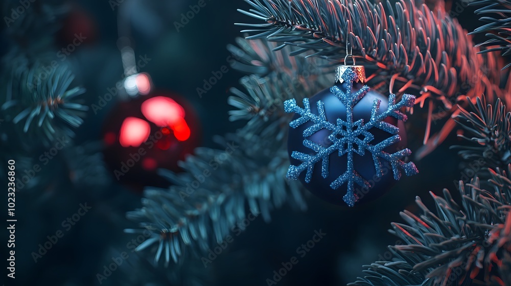 Close-up of a blue Christmas tree decoration with a snowflake pattern on a ball hanging from an ornate evergreen branch Close-up of a blue Christmas tree decoration with a snowflake pattern on a ball hanging from an ornate evergreen branch