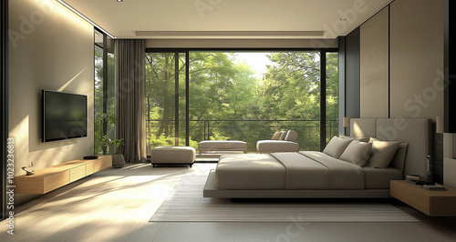 A modern  minimalist-style bedroom features floor-to-ceiling windows with a balcony