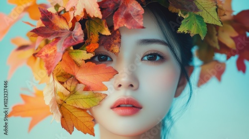 An Asian woman creatively styled with a vibrant floral crown and autumn leaves covering her face, set against a soft pastel background, emphasizing a surreal atmosphere.