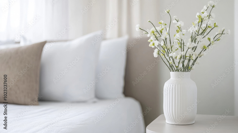 A serene, minimalist bedroom featuring a white vase with delicate flowers on a bedside table, creating a calm and peaceful atmosphere with soft neutral tones.
A serene, minimalist bedroom featuring a white vase with delicate flowers on a bedside table, creating a calm and peaceful atmosphere with soft neutral tones.
