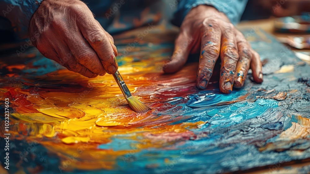 closeup of a creative artists hands skillfully painting vibrant strokes on a canvas bright colors and dynamic movement showcase the artistic process in a lively workshop setting closeup of a creative artists hands skillfully painting vibrant strokes on a canvas bright colors and dynamic movement showcase the artistic process in a lively workshop setting