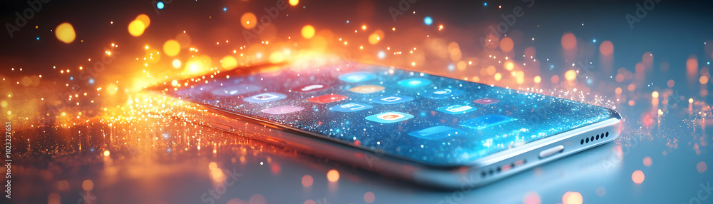 Smartphone with Holographic Apps and Icons on White Background - Mobile Remote Work Concept with Glowing Digital Features and Ample Copy Space for Photo Stock Smartphone with Holographic Apps and Icons on White Background - Mobile Remote Work Concept with Glowing Digital Features and Ample Copy Space for Photo Stock