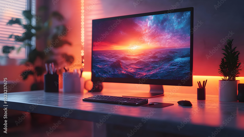 Stylish 3D Icon Home Office Setup with Glossy Finish and Abstract Digital Art Background on Isolated White Background Stylish 3D Icon Home Office Setup with Glossy Finish and Abstract Digital Art Background on Isolated White Background